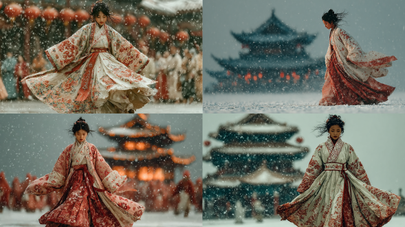 背景是巨大的寺庙但在雪天显得比较隐约，中式古典美人雪中轻舞，漫天大雪，着集世界顶级工艺于一身、由顶级服装设计大师设计的淡彩华美服饰，红色，衣服被风吹起，发带飞舞！，慵懒，飘逸，氛围感，情绪感，中近景，风情，妩媚，头发凌乱而突出，中式梦核，朦胧氤氲，诗意美学，全景氤氲诗意柔焦，一侧裤腿垂坠着流光溢彩、纹饰精美的丝质飘带，整体风格优雅且别具匠心，人像写真照片，写实效果，细节丰富。