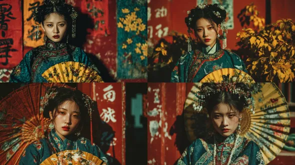 半身镜头，一位身穿青色华丽汉服的东方女性，发髻点缀简约珠花流苏，手持的浅黄色绢面团扇半遮面庞，扇面隐约透出的工笔花鸟图案，侧上方柔光灯效，人物身体边缘是轮廓光，故宫红墙加黄色银叶树叶背景， 精致高端写真氛围，采用逆光剪影效果，光影明暗对比，舞蹈姿势。