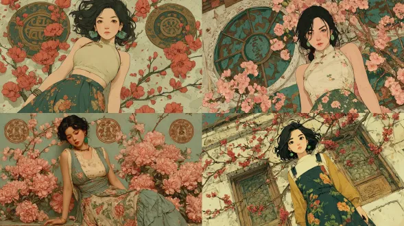 轻微歪头的少女，黑色头发，身着米白色无袖上衣和带有花纹的不规则裙摆服饰，搭配浅棕色纱质下装，佩戴绿色耳饰，背景为棕色，整体风格古典、艺术，充满东方美学韵味。花窗斑驳的墙带有粉色花朵的树枝，祥云纹， 团花纹， 如意纹 ，抽超广角，强透视，景深，高噪点强烈的胶片颗粒感，动态美学，夸张构图，超现实，细节生动完美，杰作