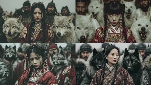 女狼人，身着中国古代汉服，有狼耳朵，狼眼睛，狼牙齿，在狼群之中