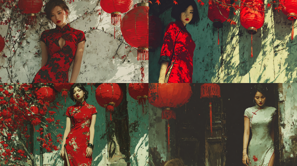 一个年轻女人穿着中国旗袍，全身饱满，站着，双腿纤细，戴着大红灯笼，神情平静沉思，陷入沉思。场景充满了一种安静、奢华的孤独感。一幅大气而宁静的数字绘画，采用 wlop 的绘画风格。