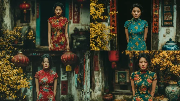 一位穿着中式旗袍的年轻女子，身材丰满，修长双腿，站在古色古香的庭院中，表情平静沉思，背景是落叶和传统建筑，宁静孤独的氛围。高对比度，柔和光线，中焦距镜头，深色调，旗袍细节精致，传统装饰，阴郁优雅，沉思表情，孤独感，古典美学，中国风元素。