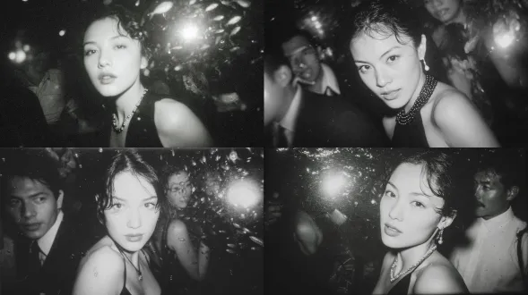 画面中是一位看似亚裔的女孩，她身着晚礼服，照片采用柯达tri-x 400黑白胶片拍摄，搭配28毫米镜头，为特写构图，伴有频闪灯光；另一部分画面则是一位日本商人的面部在水下，周围有沙丁鱼环绕。