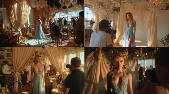 在装饰有优雅米色丝绸帷幔与水晶灯饰的场景中拍摄。白天，这间白墙工作室的光线十分明亮。她穿着一条淡蓝色薄纱裙，摄影师以站立视角拍摄，她的头发是卷曲波浪造型。