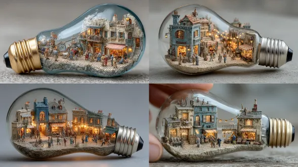 a light bulb with miniature models of medieval street scenes inside, including people and market stalls. the scene is captured in a high-resolution photographic style