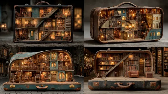 a library hidden inside an old suitcase, glowing warm bookshelves, tiny staircases, enchanted realism