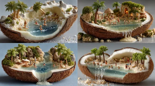 a tropical paradise inside an open coconut, with tiny people swimming in the pool and playing on palm trees, surrounded by small rocks made from dripping white chocolate, in a hyper-realistic photograph.