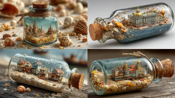 the miniature city of st. petersburg in a bottle, inside is sand and seashells, photorealistic, hyper-detailed, cinematic look, with volumetric lighting