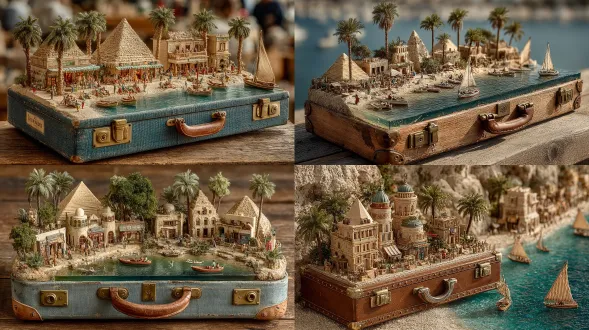a suitcase with miniature models of the pyramids and temples in egypt, palm trees, boats on a lake. photographic style characterized by realism, natural light, high resolution, high detail, high quality, high definition, high contrast, high color depth, intricate details, and full-frame composition.