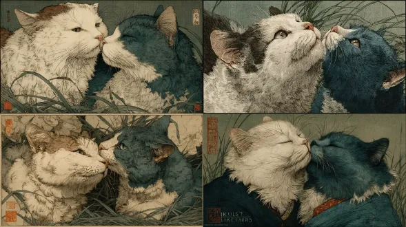 一只灰白相间的猫正在亲吻另一只蓝灰相间的猫，背景是草地，是日本木版画的风格，背景是浅绿色。这幅以植村shōen为风格的画，以北斋葛饰的风格，笔法精细，优雅细致，具有复古美学。该图像非常详细，焦点清晰，分辨率高