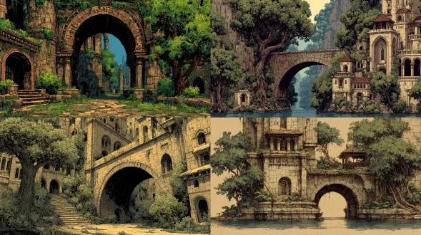 一种非常精细的平面彩色线条艺术。一座古老而庞大的石城，庄严地坐落在古老而茂密的森林深处。专注于古老石雕的复杂建筑细节：风化的石块，摇摇欲坠的拱门，半隐藏的华丽雕刻。整个城市长满了茂密的野生植物，茂密的藤蔓，苔藓和宽阔的树叶重新覆盖了每一个表面，部分遮蔽了宏伟的建筑，如寺庙，被遗忘的广场和高耸的大门。强调建筑的尖锐、精致的线条与自然的有机、流动的线条之间的相互作用。整个氛围应该是一种失落的荣耀、神秘和宁静的衰败。每个细节都用水墨痕迹强调