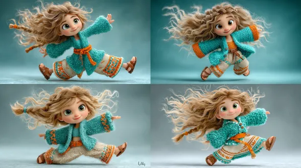 皮克斯风格的3d卡通插图，一个欢快的年轻女孩欢快地旋转着飘逸的头发。她有一双富有表情的棕色大眼睛，笑容灿烂，脸颊红润。她的头发是浅棕色的，编成凌乱的发辫，发丝在运动中自由流动。她穿了一件色彩鲜艳的衣服：一件绿松石色的长袖针织开衫，一件配套的绿松石色的长裙，上面有橙色的刺绣，完全盖住了她的肚子，还有一条米色的宽裤子，上面有橙色和绿松石色的装饰图案。她的腰上系着一条打了个结的橙色编织腰带。她穿着棕色的皮凉鞋。面料具有逼真的针织和编织纹理，给人一种舒适的手工外观。背景是一个干净的柔和渐变，保持焦点在人物身上。电影般的柔和灯光，超精细的纹理，清晰的高分辨率皮克斯风格的渲染