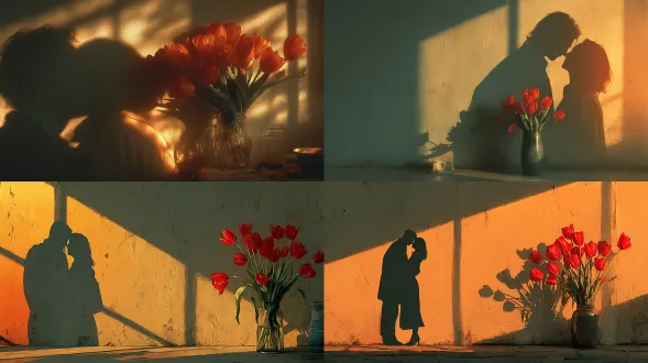两个人拥抱在一起的影子投射在墙上，旁边放着一个红色郁金香的花瓶，温暖的橘黄色的夕阳透过窗户照进来。背景是简洁干净的米色墙面，营造出充满浪漫温馨的氛围