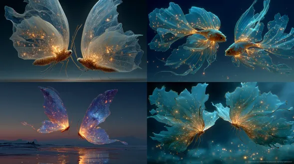 两只发光蝴蝶恋人，长着长长的光尾，相互环绕盘旋，同时在身后创造出银河，星空，hd