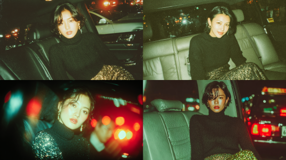 一位优雅年轻的日本女性，身着黑色高领毛衣与亮片裙，夜晚坐在豪华轿车后座。图像带有颗粒感胶片滤镜，且采用闪光灯拍摄。。