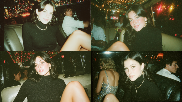 一位25岁左右的西班牙女性坐在后座，身着黑色铅笔裙与高领毛衣，双腿交叉；她留着深色头发，化着银色闪片妆容，画着黑色眼线与飞扬睫毛，背景是夜店场景中的派对灯光。该图像由徕卡 m6 相机拍摄，使用的是 portra pro800 胶片。