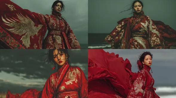 一位神秘的中性气质中国武士，身着带有金色凤凰刺绣的奢华绯红丝绸长袍，黑色长发飘逸，神情宁静却威严，容貌精致，伫立在月光下的天空下，红色丝绸衣袖如火焰般飘动，电影式打光，绘画风格，戏剧张力，武侠奇幻氛围，危险的优雅，背景中有暴风云。