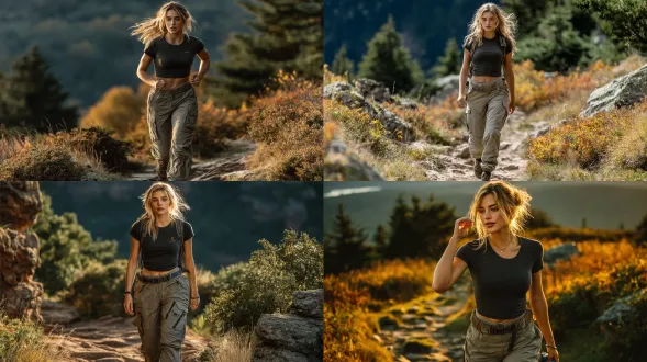 一位美国白人女模特走在崎岖的山间小径上，全身镜头，构图和光线着重突出那条修身的浅灰色功能性长裤，其拼接缝线、面料褶皱和符合人体工学的剪裁清晰可见。她穿着一件合身的黑色短袖t恤，越野跑鞋处于运动状态中，一只手靠近脸部拨弄头发。背景是有植物和松软岩石的自然地形，日光巧妙地勾勒出裤子的轮廓和质感。这是户外时尚编辑风格的拍摄，采用写实摄影手法，使用佳能eos r5相机，35毫米镜头，光圈f/4.0。