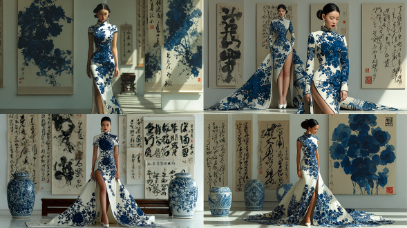 一幅全身肖像画，画中是一位优雅的年轻东亚女性，她身着一件合身的白色旗袍，上面有蓝色的花卉刺绣。她有着极长的双腿和纤细的腰肢，展现出超现实的、类似时尚插画般的比例。她优雅地站在一个极简风格的工作室里，周围环绕着书法作品和柔和的水墨笔触图案。她的头发梳成传统的发髻，插着发簪，还戴着悬垂的耳环。她皮肤白皙，穿着不透明的白色紧身衣，双腿线条流畅，脚上穿着一双搭配的白色高跟鞋，鞋面带有柔和的缎面光泽。光线柔和且具有方向性，投下轻柔的阴影，超写实渲染，高级时尚杂志编辑风格。