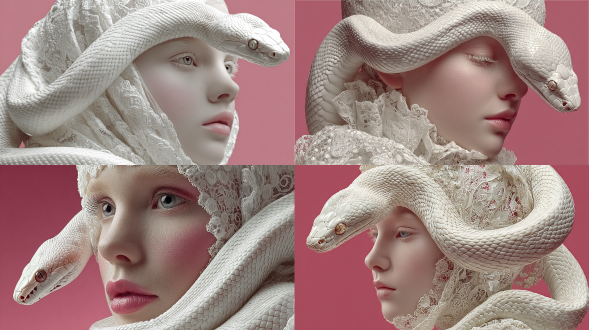 一幅超写实的高级时尚肖像，描绘了一位优雅的年轻女性的侧影，一条纯白色的蛇盘绕在她的头上，蛇头与她的眼睛齐平，构图超现实且富有艺术性，柔和的淡粉色单色背景，电影工作室灯光效果，《vogue》杂志编辑摄影风格，中画幅哈苏相机的质感，对细节的精准呈现。