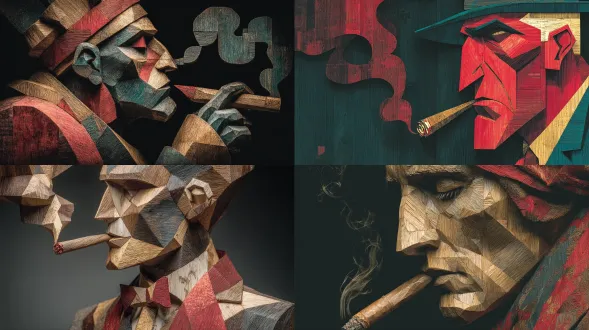 叼着雪茄的教父半身像，几何风格木雕，简约线条，流行艺术，红黑金三色，光影对比，斜切面设计，暗调背景，雪茄烟雾缭绕，威严表情，低角度拍摄，硬光，木质纹理，立体感，50mm定焦镜头，高饱和度，戏剧性氛围