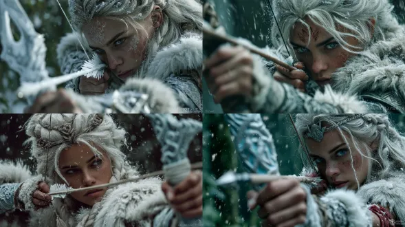 一幅电影感的镜头，展现《英雄联盟》中的寒冰射手艾希作为真人的形象——一位高贵优雅的战士女王，拥有银白色的长发，身着毛皮服饰和仪式性铠甲。她站在一片宁静古老、冰封的森林中，轻轻拉满她那把华丽的水晶弓“艾维尼亚”，凝聚出一支纯净发光的冰箭。柔和的月光透过挂满寒霜的树枝洒落，照亮了这支水晶般的箭以及她坚定的目光。空气中飘着轻柔的雪花和薄雾。画面采用鲜明的色彩，呈现出逼真的皮肤质感和自然的容貌特征。这幅电影感镜头带有胶片颗粒感和胶片质感，风格如同柯达vision3胶片。