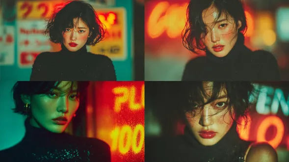 一位优雅的韩国女性，身着黑色高领毛衣与亮片裙，直视镜头，霓虹灯光反射在裙摆上，电影感十足，王家卫风格，低角度拍摄，大光圈浅景深，暗调背景，冷色调与暖色霓虹交织，慢门轻微动态模糊，忧郁而神秘的眼神，红唇与高对比光影，都市夜晚氛围。