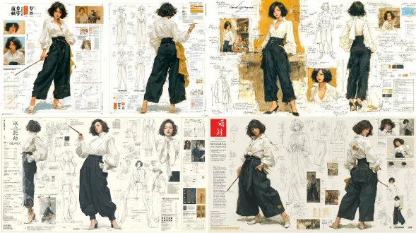 不穿鞋，低俗小说时尚设计技术插画，日本动漫风格， featuring 一位美丽模特作为乌玛瑟曼的角色，留着锋利的黑色波波头。她穿着带有解构设计的白色衬衫，有剪裁下摆细节和戏剧性的背部系带蝴蝶结，搭配喇叭黑色长裤和芭蕾平底鞋。手持长烟嘴，摆出动态舞蹈姿势。多个技术视图展示正面、背面和侧面视角。围绕中心人物： 衬衫解构示意图、蝴蝶结系法技巧、喇叭裤图案设计、舞蹈动作研究和配饰搭配方案。画板包括棉府绸和弹力羊毛的面料样本、合身分析图表、运动流程图表和90年代复古风格注释。忧郁的餐厅灯光，电影氛围，少女漫画美学，超详细8k分辨率