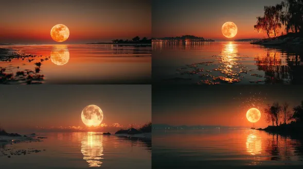 黄色的太阳正在落下，一个又大又圆的月亮倒映在水面上。一轮大月亮占据了画面的一半，水面上的波纹反射出明亮清晰的月亮。宁静的夜空万里无云，看不见星星。这是一个美丽而温暖的场景，让人感到平静舒适。高细节、高分辨率图像。