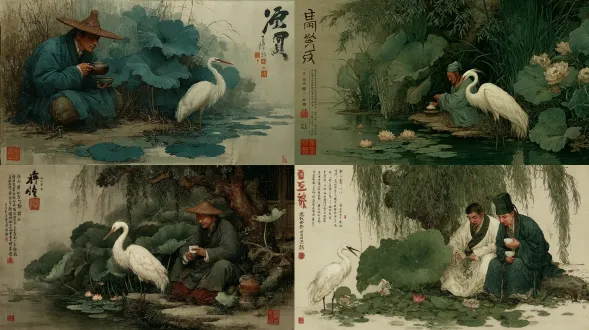 一幅传统中国水墨画，描绘一位身着古装的文人在日落时分坐在溪边亭中，手持一杯浅绿色的梅子酒，水中有荷花，白鹭从芦苇中飞起，薄雾轻柔，氛围优雅宁静，无文字，无印章，具有古代中国风格，色彩柔和，笔触细腻，呈现诗意景致。