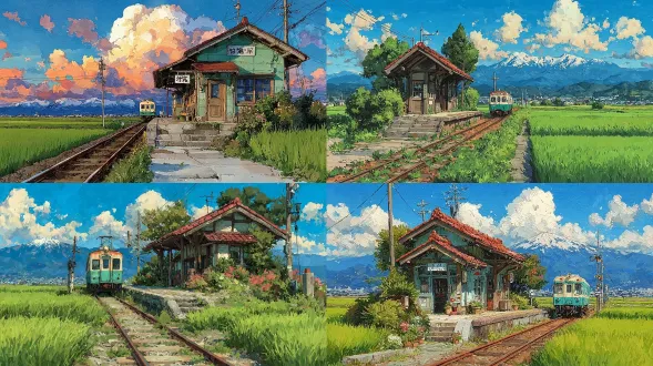 夏日东京附近乡村火车站的水彩画，郁郁葱葱的绿色稻田，小木站台，复古火车驶来，蝉鸣，远处的山峦，宁静祥和的氛围