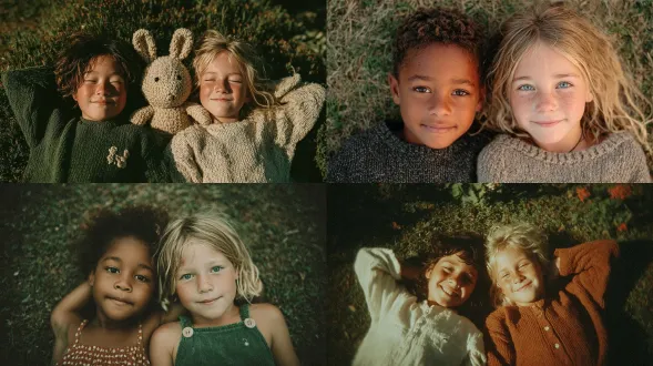 两个年龄在4到6岁的孩子，一个是黑发，一个是金发，在夏日傍晚躺在草地上，面带微笑，双手放在脑后，展现自然真实的表情，用宝丽来相机从上方拍摄，有黄金时刻的阳光，是纪实生活方式摄影，具有广告美学风格，参考图像中的钩针奶牛毛绒玩具躺在一个孩子的胸前，光线柔和自然，对焦清晰，没有滤镜，带有迷你罗迪尼的风格