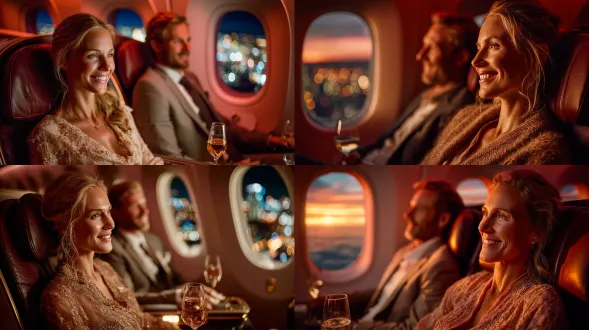 卡塔尔航空波音787-8商务舱，现代奢华内饰，皮革座椅，金色装饰，窗外俯瞰多哈城市天际线，黄昏时分，暖色调，玻璃反光，摩天大楼灯光闪烁，商务人士放松姿态，优雅微笑，超广角镜头，浅景深，高动态范围，柔和的机舱灯光，城市夜景，渐变色调，宁静氛围