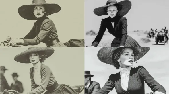 老式黑白照片，女子骑复古自行车，优雅微笑，戴宽檐帽，着高腰裙，背景纯白，20年代杂志插图风格，高对比度，柔焦，颗粒感，侧光，优雅姿态，怀旧氛围，简洁构图，经典雅致。