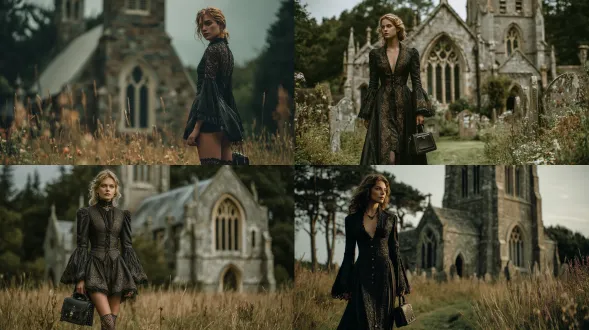 身着哥特风格服饰的年轻女子，长卷发飘逸，优雅地抬起一条腿站立，微微侧对镜头，黑色长裙带有戏剧性的钟形袖与蕾丝细节，搭配带图案的长袜和厚底鞋，手持黑色小手提包，立于有拱形窗户的古老石教堂前，周围是杂草丛生的草地与高大松树，柔和日光投下轻柔阴影，柔和土色调融合深绿与深灰，营造出空灵忧郁氛围，具电影化哥特浪漫现实主义风格，呈特写肖像式构图