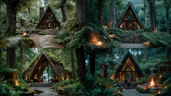 一张一家人站在他们现代主义a形小木屋前顶部台阶上的照片，小木屋位于郁郁葱葱的森林深处，周围环绕着高大的树木和茂密的树叶。木质结构有开放式平面布局，墙壁由白色漆松木等天然木材材料制成，透明玻璃窗让光线渗入，营造出温暖的室内氛围。场景设定在夏季。