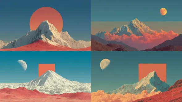 一张远处雪山的照片，底部被粉红色的云和雾覆盖，下方是晴朗带月的蓝天，前方山峰仅有单座积雪峰顶，拍摄视角平视，背景简洁，具极简高清质感，山后有半透明橙色方框