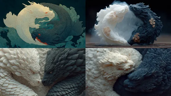 两条具有传统中国风格的雄伟巨龙，以圆形的阴阳太极图案相互盘绕，一条是散发着光芒的纯白色巨龙，另一条是闪烁着黑曜石鳞片的深黑色巨龙，它们蛇形的身躯完美平衡地交织在一起，凶猛且神圣的双眼映出和谐之态，周围环绕着旋转的雾气与宇宙能量，带有统一且永恒流动的 aura，氛围神秘又神圣，受中国水彩与水墨画启发的艺术作品，超细节，高分辨率