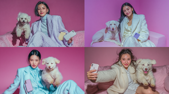 45度角俯视航拍视角，4k超高清分辨率，超精细细节，柔和工作室灯光下，俏皮z世代亚洲女性模特坐现代简约粉色沙发，着优雅蓝色调时尚装，潮流顺滑黑发，完美时尚编辑妆容，左手持超大号iphone 17 pro max且屏幕白光显眼。她优雅俏皮抬腿空中，灿烂微笑直视镜头/焦点。活泼小狗旁跃动，呈运动状，萌态受惊，微妙运动模糊显活泼。纯净纯白背景干净无缝，电影化构图，细节清晰，超写实高时尚编辑风，色彩 vibrant 且自然，柔和景深，具杂志封面质。