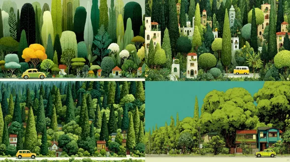 郁郁葱葱的绿色植物，一排绿树，其中许多排列成高大整齐的一排。树木又长又高，下面有小房子，每家都有黄色的灯。地上还有一辆汽车，沿着小路行驶，周围是一排绿树，以吉卜力工作室的风格绘制。这种风格是异想天开的卡通插图。它的颜色非常朴素。整体氛围应该是欢快且愉悦的。整个呈现采用明亮的绿色配色方案。
