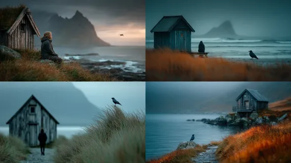 罗弗敦群岛风景，远观鸟小屋，传统木质结构，融入自然景观，一人专注观鸟，广角镜头，冷色调，清晨光线，薄雾缭绕，柔和散景，宁静氛围，细节丰富，低饱和度，自然纹理，微距元素，真实光影，静态构图，北欧风格，孤独感。