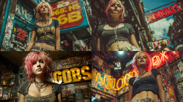 朋克摇滚女性模特站在cbgb酒吧前，全身照，黑色方领t恤搭配破洞牛仔裤，铆钉皮带，短发染成亮粉色，浓重烟熏妆，叛逆表情，霓虹灯招牌背景，街头涂鸦，低角度仰拍，广角镜头，高对比度，冷色调，动态模糊，舞台灯光，暗夜氛围，张扬不羁