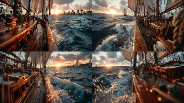 麦哲伦的船驶向大海，夕阳映照，金色光芒洒在木质船身和帆上，远处海平线模糊，天空橙红渐变，船头劈开波浪，飞溅水花，复古航海风格，侧逆光，长焦镜头，暖色调，动态模糊，历史感，壮丽，宁静，探险精神