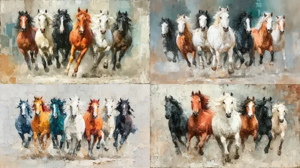 厚涂绘画，大胆笔触，白色和棕色米色底色，8匹奔跑的马，动态构图，粗犷纹理，厚重颜料，抽象表现主义，暖色调，强烈对比，笔触可见，力量感，自由奔放，流动感，艺术感，油画质感，奔跑动作，肌肉线条，自然光线，飞扬鬃毛，激情四溢