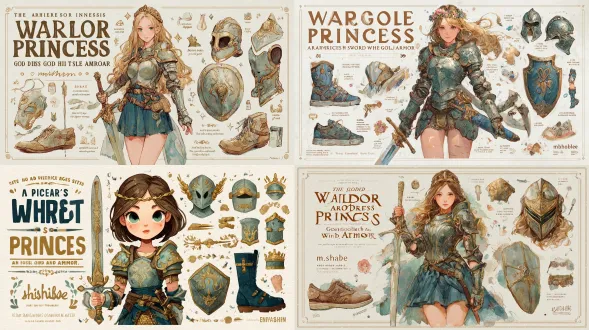 水彩风格的美丽年轻女子，身着全套盔甲，手持宝剑，周围环绕着她银色与蓝色装备的各个部件，圣经书籍“战士公主披上上帝的全副军装”字样以粗体呈现在海报顶部，其下方有“e mishabne”文本，在她所穿鞋子、头盔、盾牌及长袖衬衫的详细插图旁，需为每件穿戴的部件配上相应表情符号，色彩简约，细节简单，白色背景且边缘有边框，无阴影。