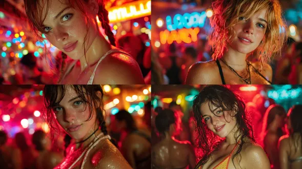 女孩在夜总会跳舞，青蛙视角，过肩拍摄，表情生动，清晰对焦，浅景深，8k照片，hdr效果，专业打光，佳能eos r5拍摄，数码单反，75mm镜头，霓虹灯光，高饱和度，动态模糊，背景虚化，舞池反光，夜店氛围，近距离特写，情绪热烈，色彩对比强烈。