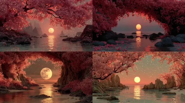 近景里，开花的树枝伸展交织，布满无数红粉花瓣，似在光下闪耀。花朵环绕成自然拱门，如灵动框架引视线至中心。中心是一轮饱满明亮的满月，从朦胧暗云中升起。其金黄强光染得景物呈红橙调，氛围超现实。月光映水面，在岩石与湖影间现金路。周遭天空有小星星闪烁，增迷人感，悬浮花瓣显动感生机。