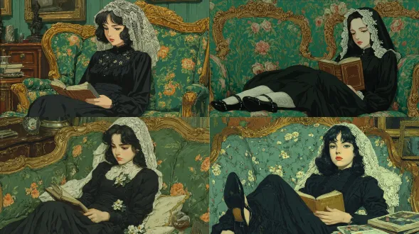 20世纪80年代黑暗复古动漫电影氛围打光，80年代动漫电影剧照，一位哥特风格的年轻女子优雅地坐在华丽的复古扶手椅上，身着带有精致白色花卉刺绣的黑色长裙，留着黑色头发，脚蹬柔软蕾丝袜与闪亮黑色玛丽珍鞋，腿上拿着并阅读一本古老古董书，一块透明白色蕾丝面纱将其头部面部完全遮盖，面纱垂下遮住额头与眼下方，面纱上有精致花卉蕾丝图案，透过透明蕾丝能隐约看见面部特征，营造出柔和神秘且庄严氛围，带有古董金色雕刻细节的华丽椅子，呈现复古少女漫画美学，线条清晰锐利，是优雅且高度细节的柔和色调插画。