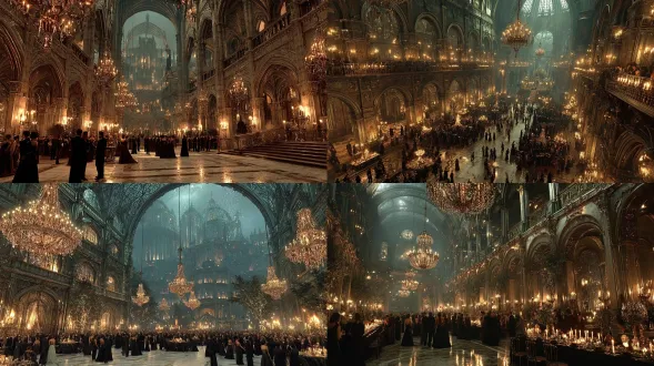 德古拉哥特式宫殿内的一处宏大舞厅，带有15世纪的氛围，华丽的吊灯闪烁着烛光，有石拱门和黑暗的哥特式建筑，人们正在假面舞会上跳舞，戴着精致多彩的威尼斯风格面具，穿着奢华的礼服、那个时代优雅的燕尾服，还有闪烁的火炬、戏剧性的阴影，呈现电影现实主义风格，超细节，氛围照明，朦胧氛围，高度逼真的纹理，巴洛克与哥特式融合，营造出神奇又神秘的 mood。