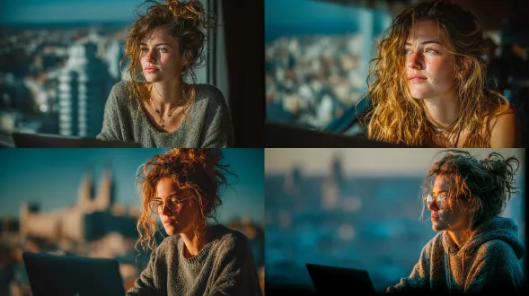 一位年轻女白领在摩天大楼的办公室里，有着绝佳的视野，正在用笔记本电脑写电子邮件。背景城市是西班牙马德里，我们可以看到他们的大型摩天大楼。背景城市有点模糊。使用佳能eos r相机，50mm f/1.8镜头，f/2.2光圈，1/200秒快门速度，iso 100和自然光拍摄，超精细摄影，电影感，电影级，超高清，色彩校正，超高清，hdr，色彩分级，8k。